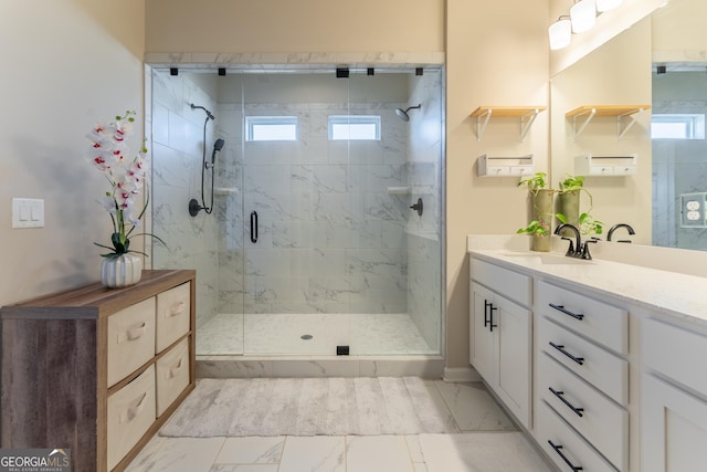 4738 Cypress Park Dr SW, Gainesville, GA 30504 - full bathroom featuring marble look tile flooring, plenty of natural light, vanity, and a marble finish shower