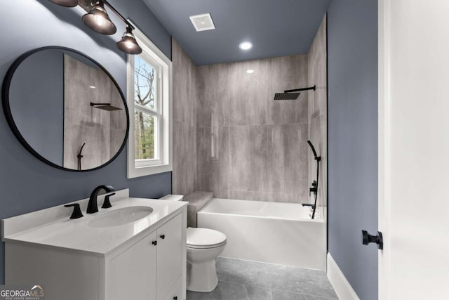 bathroom with visible vents, toilet, tile patterned floors, tub / shower combination, and vanity