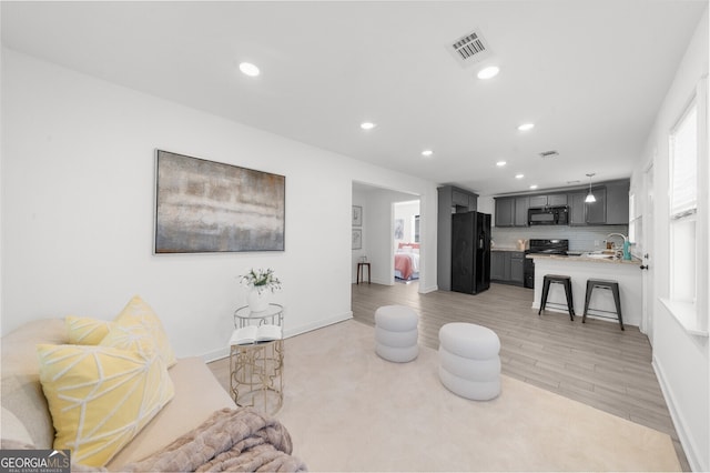 living room featuring sink and light hardwood / wood-style flooring