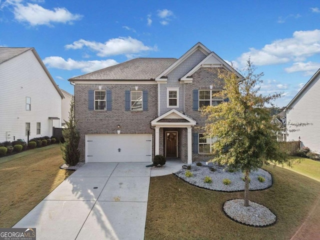 craftsman inspired home with concrete driveway, brick siding, a front lawn, and an attached garage