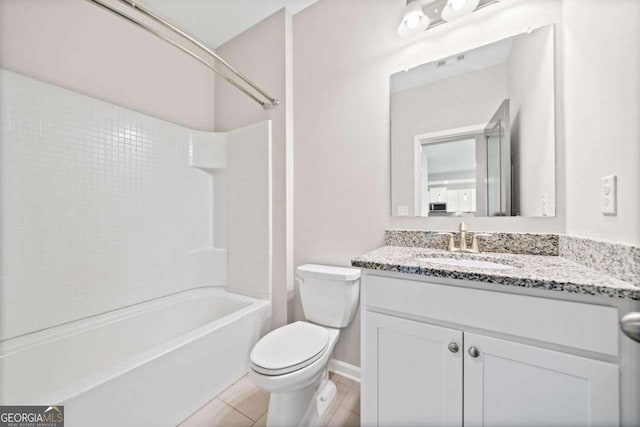 bathroom featuring shower / tub combination, toilet, visible vents, vanity, and tile patterned floors