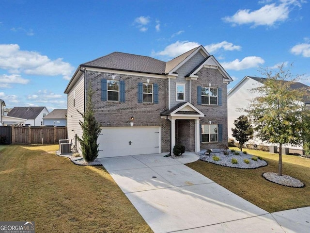 view of front of house with an attached garage, brick siding, fence, concrete driveway, and a front yard