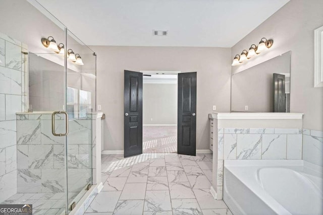 full bathroom featuring visible vents, baseboards, marble finish floor, a shower stall, and a bath