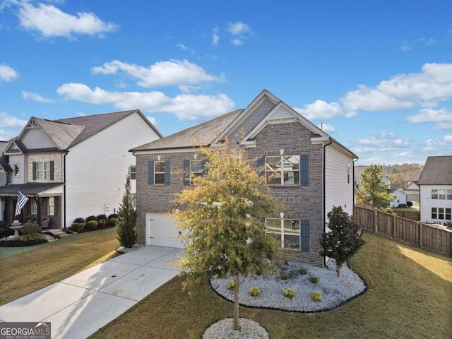 view of front of home featuring brick siding, concrete driveway, an attached garage, a front yard, and fence