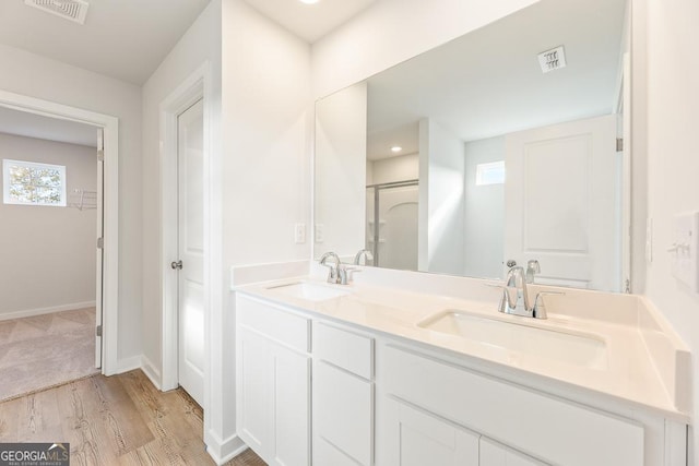 bathroom with vanity, a wealth of natural light, and wood-type flooring