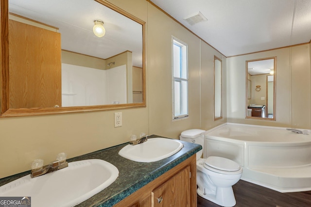 bathroom with toilet, vanity, a bath, and hardwood / wood-style flooring