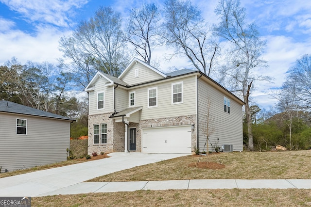 front facade featuring a garage, central AC unit, and a front yard