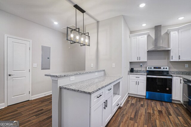 kitchen with stainless steel range with electric stovetop, white cabinetry, electric panel, kitchen peninsula, and wall chimney exhaust hood