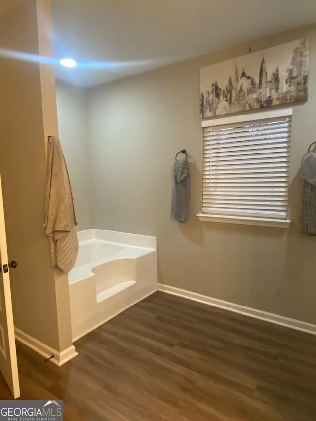 bathroom with hardwood / wood-style flooring and a tub