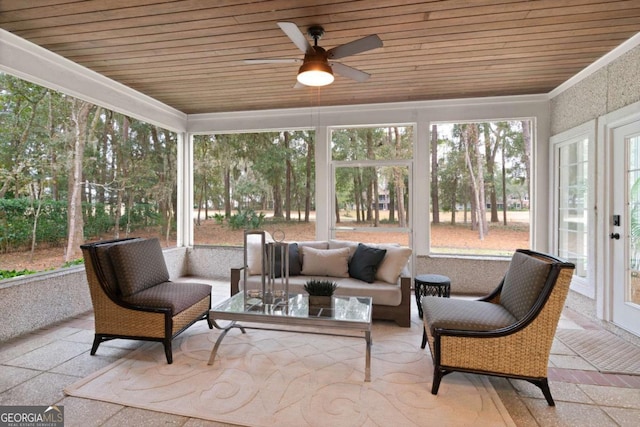 sunroom / solarium with ceiling fan and wooden ceiling