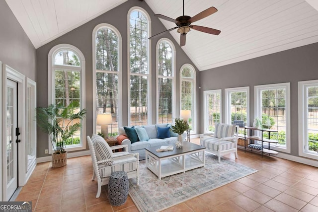 sunroom / solarium featuring ceiling fan, a healthy amount of sunlight, vaulted ceiling, and wooden ceiling