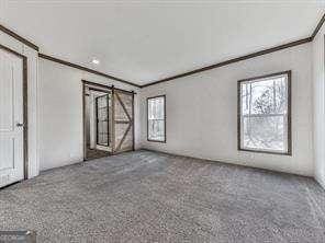 carpeted spare room featuring crown molding