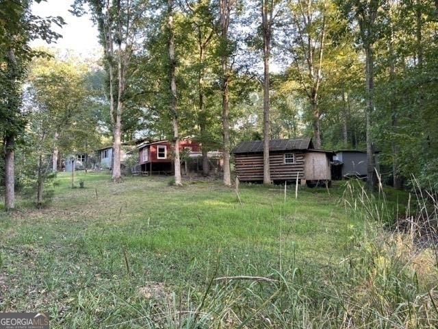 view of yard featuring a storage shed