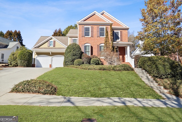 4974 Dovecote Trl, Suwanee, GA 30024 - colonial home featuring brick siding, driveway, a front yard, and a garage