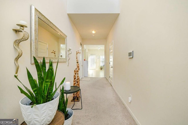 hall with light colored carpet