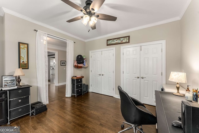 office space with ornamental molding, dark hardwood / wood-style floors, and ceiling fan