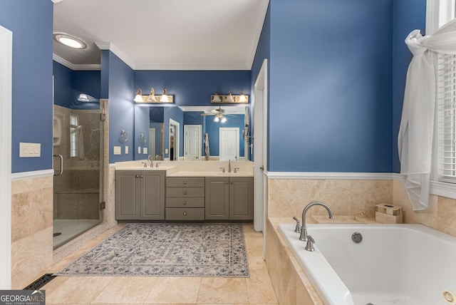 bathroom with crown molding, tile patterned floors, plus walk in shower, and vanity