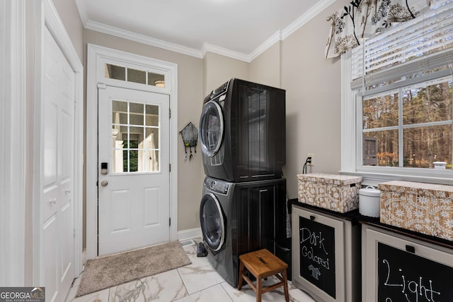 washroom with crown molding, stacked washer and clothes dryer, and wine cooler