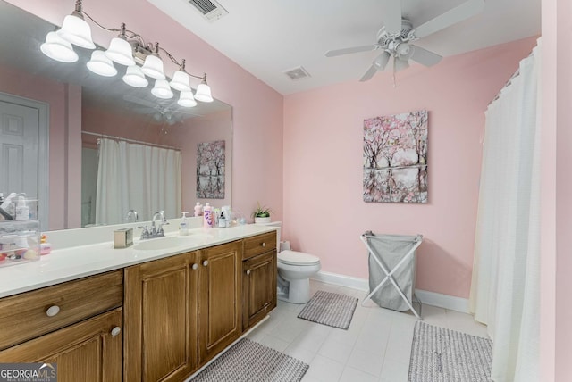 bathroom featuring vanity, tile patterned floors, ceiling fan, and toilet