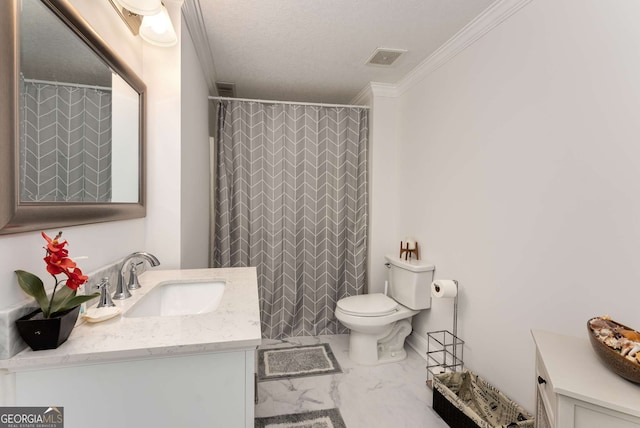 bathroom with vanity, crown molding, toilet, and walk in shower