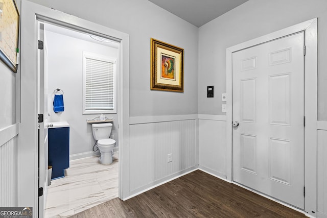 interior space featuring vanity, wood-type flooring, and toilet