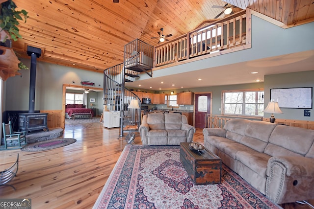 living room with a healthy amount of sunlight, a wood stove, wooden ceiling, and light hardwood / wood-style flooring