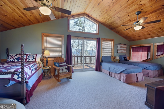 carpeted bedroom featuring ceiling fan, access to exterior, and wooden ceiling