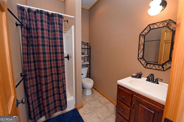 bathroom with vanity, toilet, tile patterned flooring, and a shower with shower curtain