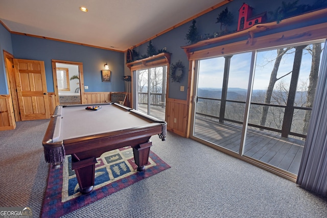 playroom featuring a mountain view, carpet floors, and billiards