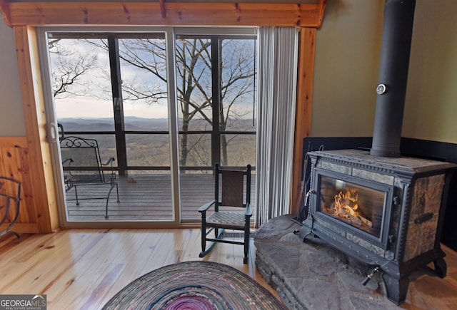 interior details with a wood stove and hardwood / wood-style floors