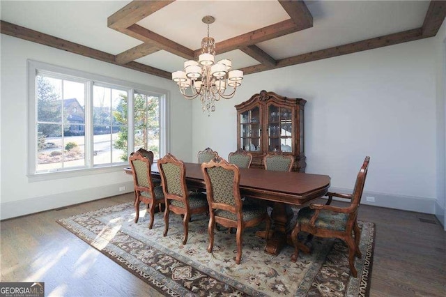 dining room featuring an inviting chandelier, beam ceiling, dark wood-type flooring, and coffered ceiling