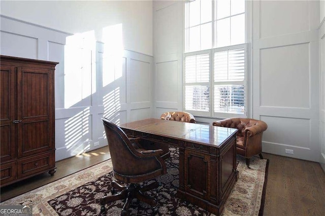 5152 Boulder Bluff Way, Suwanee, GA 30024 - office area with a decorative wall, wood finished floors, and a wainscoted wall