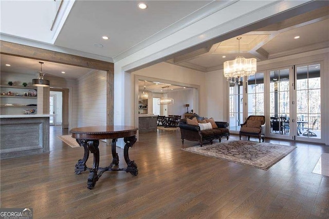 5152 Boulder Bluff Way, Suwanee, GA 30024 - dining area with a chandelier, french doors, ornamental molding, wood finished floors, and beam ceiling