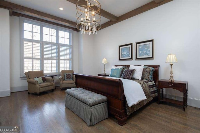 bedroom featuring beamed ceiling, dark hardwood / wood-style flooring, and a notable chandelier