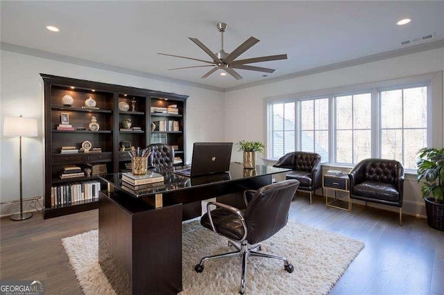 5152 Boulder Bluff Way, Suwanee, GA 30024 - office space with ceiling fan, dark wood finished floors, recessed lighting, and ornamental molding