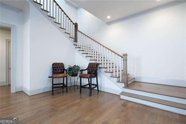5152 Boulder Bluff Way, Suwanee, GA 30024 - staircase with wood finished floors and recessed lighting
