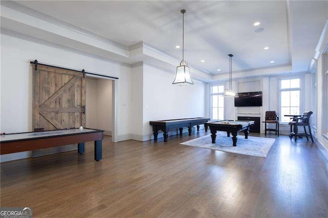 5152 Boulder Bluff Way, Suwanee, GA 30024 - rec room featuring a raised ceiling, pool table, crown molding, wood finished floors, and a barn door