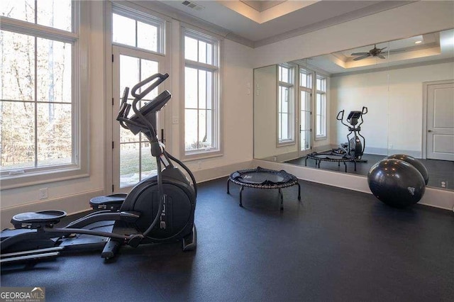 workout room with ceiling fan, a healthy amount of sunlight, and a raised ceiling