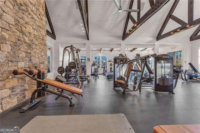 5152 Boulder Bluff Way, Suwanee, GA 30024 - gym with a ceiling fan and wood ceiling
