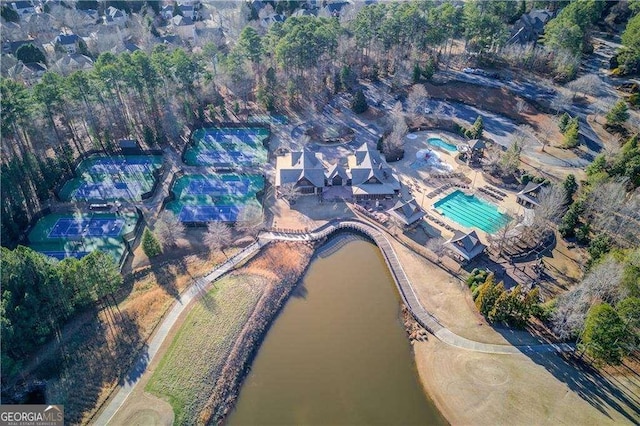 aerial view featuring a water view