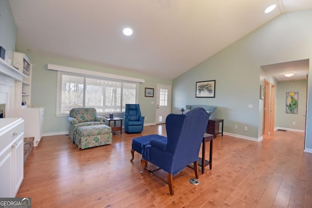 living room with light hardwood / wood-style flooring and high vaulted ceiling