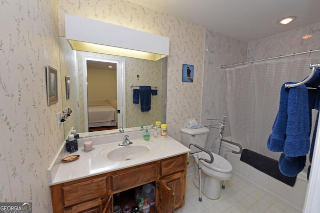 full bathroom featuring shower / bath combination with curtain, tile patterned floors, vanity, and toilet