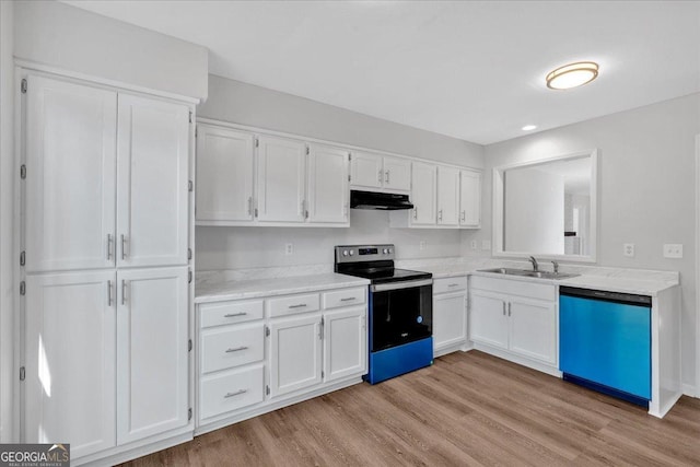 kitchen with sink, stainless steel electric range oven, black dishwasher, light hardwood / wood-style floors, and white cabinets