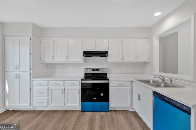 kitchen with white cabinets, dishwashing machine, sink, and electric range