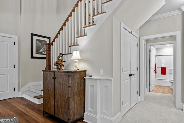 stairway with hardwood / wood-style flooring and ornamental molding