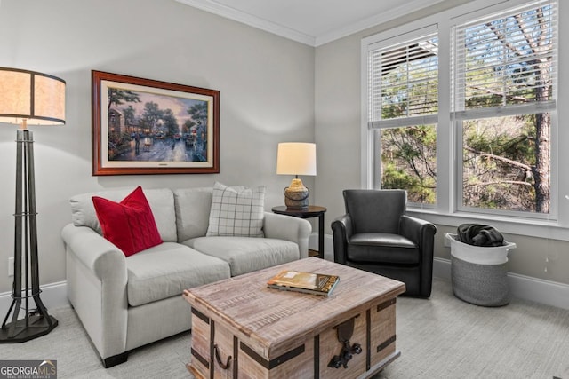 living room with crown molding and light colored carpet