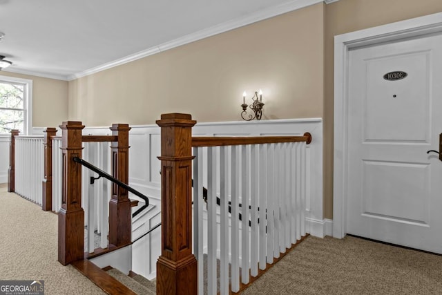 stairway with crown molding and carpet floors