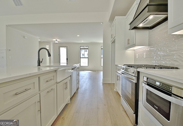 kitchen featuring stainless steel appliances, custom exhaust hood, white cabinets, and light stone counters