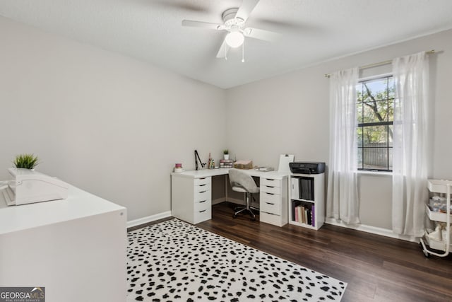 office space featuring a textured ceiling, dark hardwood / wood-style floors, and ceiling fan