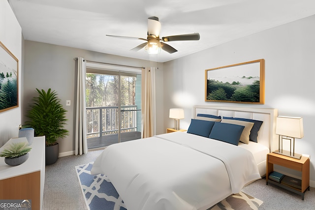 bedroom featuring light carpet, access to outside, and ceiling fan